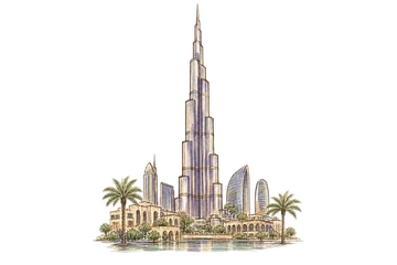 Watercolor illustration of Dubai and Burj Khalifa