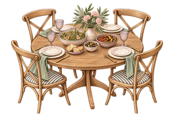 Illustration of a welcoming dining table with shared dishes